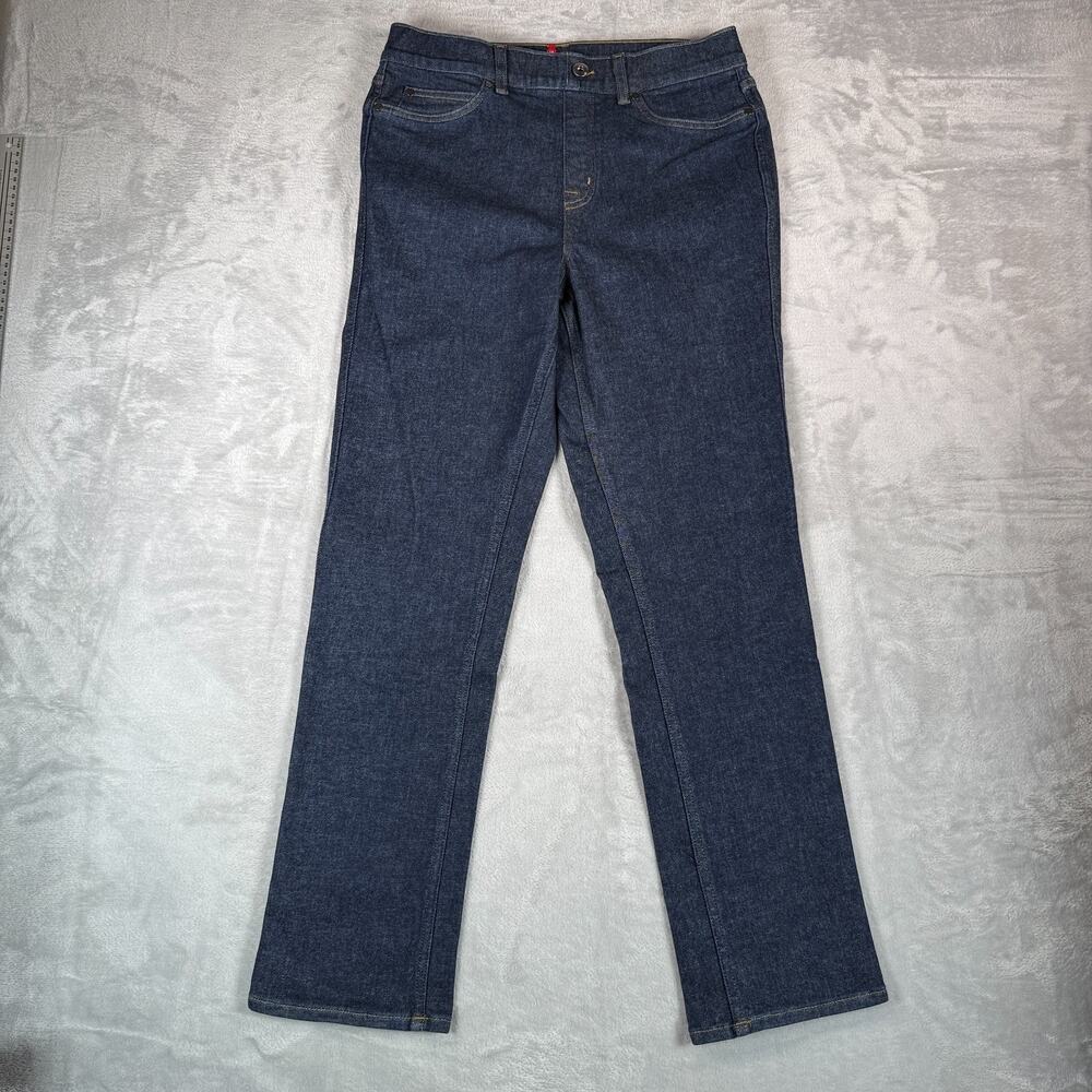 Spanx Jeans Womens L Straight High Rise Pullon Stretch Denim Raw Indigo